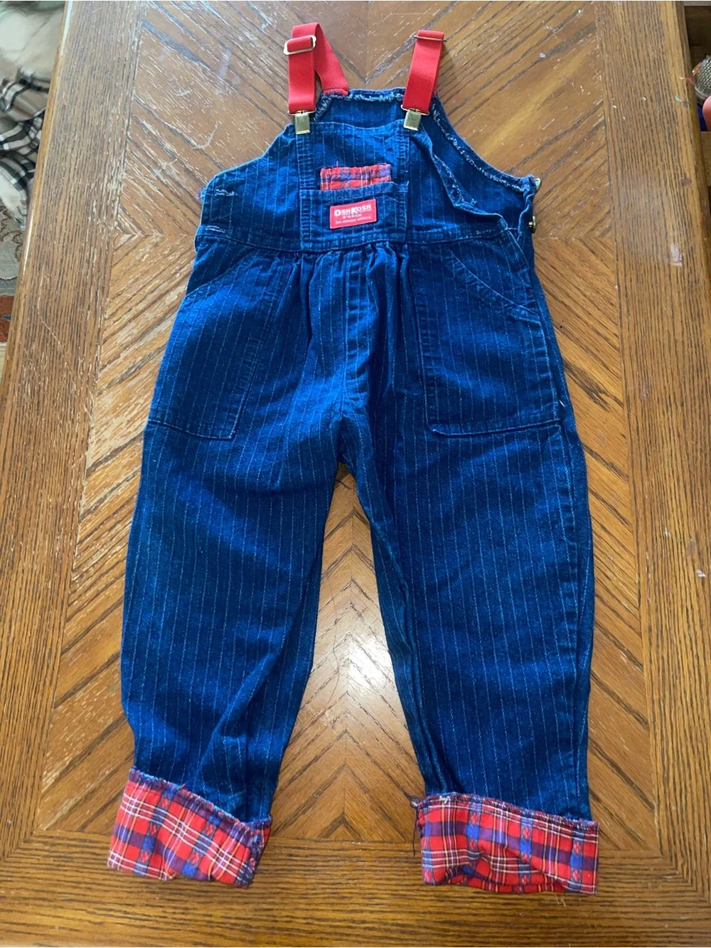 OshKosh B'gosh Navy Pinstriped Overalls with Red Straps and Plaid Cuffs